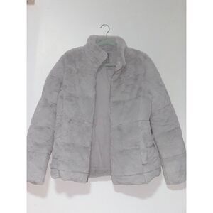 Women's Light Gray faux fur puffer jacket by Andrew Marc, size L spring wear